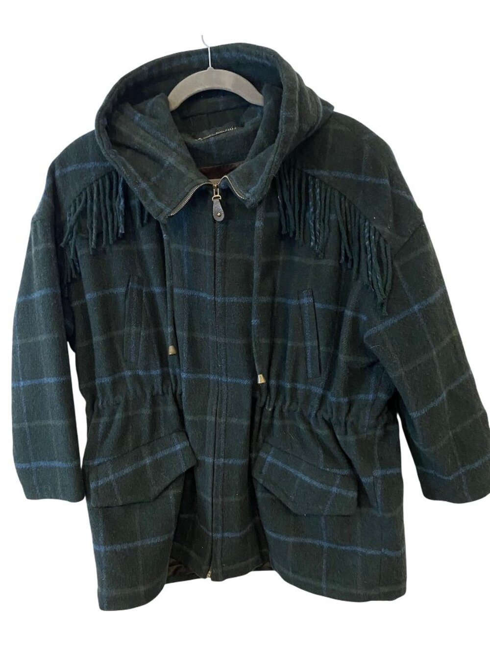 Vintage Mulberry Street Womens L Wool Blend Plaid Hooded Fringe Jacket Coat 90s